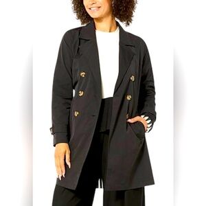 Wynne Layers Black Trench Coat Jacket Chiffon Pleated Back Size 1X City Sleek